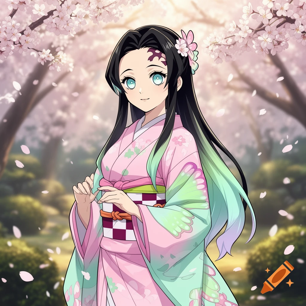 Anime girl with black hair and blue eyes, wearing a pink and green kimono, stands under cherry blossom trees.