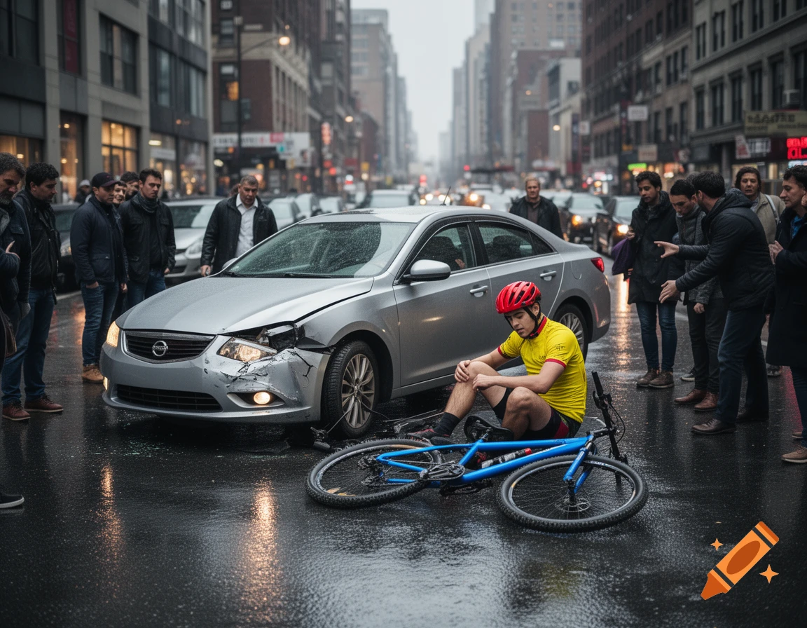 A bicyclist sits on a wet city street next to a silver car with front-end damage and a fallen blue bicycle, surrounded by onlookers.