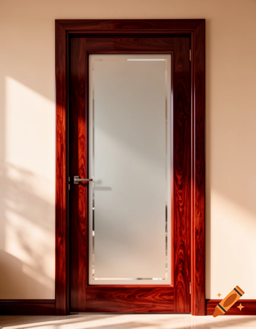 A photorealistic image of a dark wooden interior door with a frosted glass panel, lit by warm sunlight.