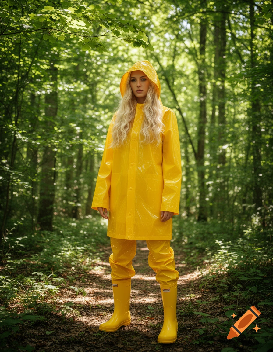 A blonde woman in a yellow raincoat, rain pants, and rubber boots stands on a forest path.