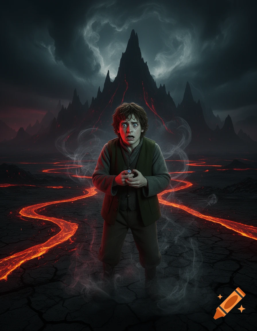 A terrified character resembling Frodo holds a ring, surrounded by glowing lava and dark, jagged mountains under a stormy sky.