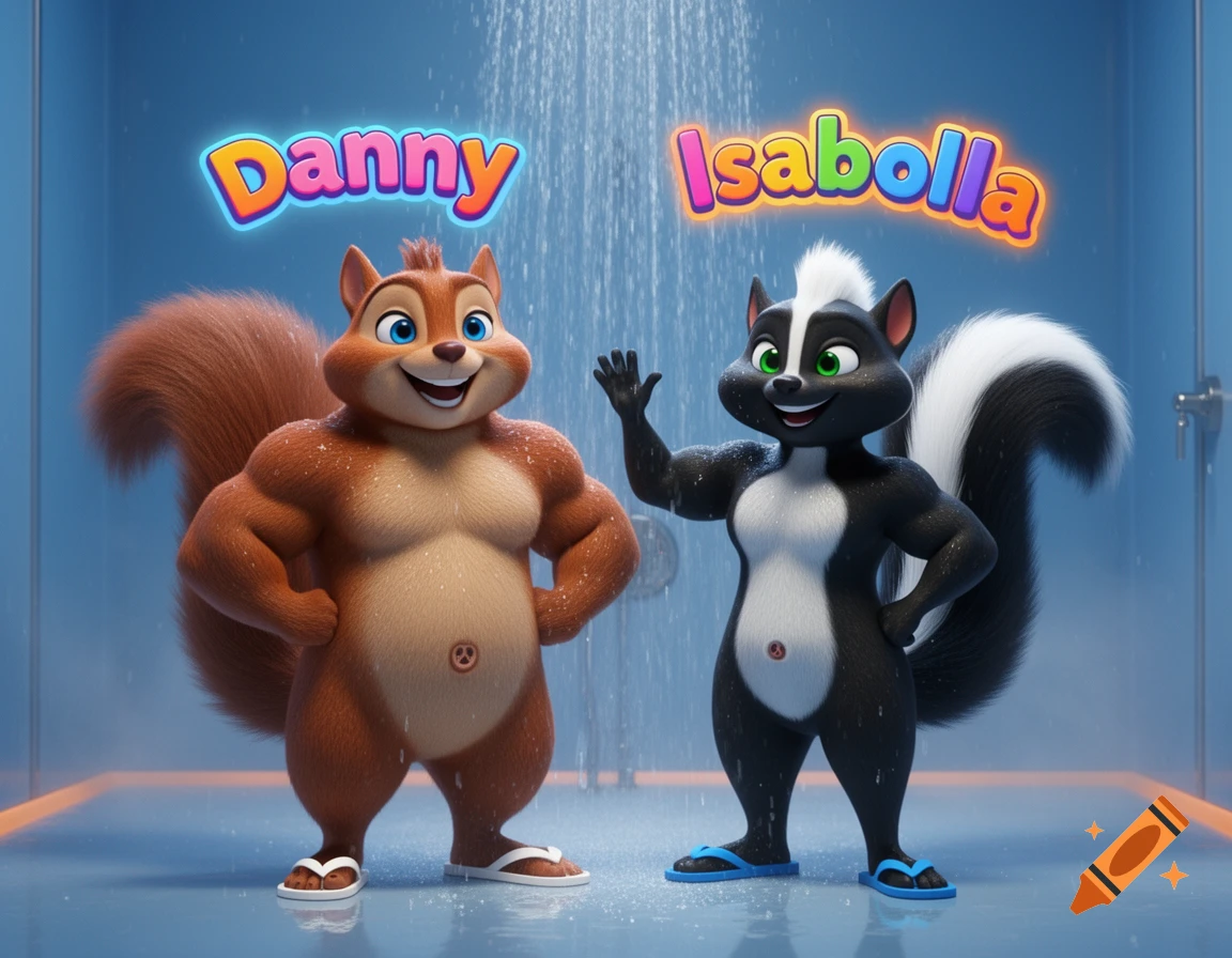 A muscular cartoon brown squirrel named Danny and a black skunk named Isabella stand in a shower, smiling and waving.