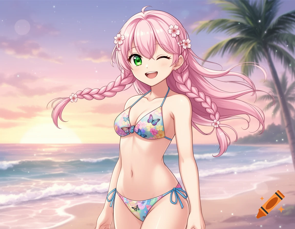 An anime girl with pink braided pigtails and flowers in her hair smiles and winks, wearing a colorful butterfly bikini on a beach at sunset with palm trees.
