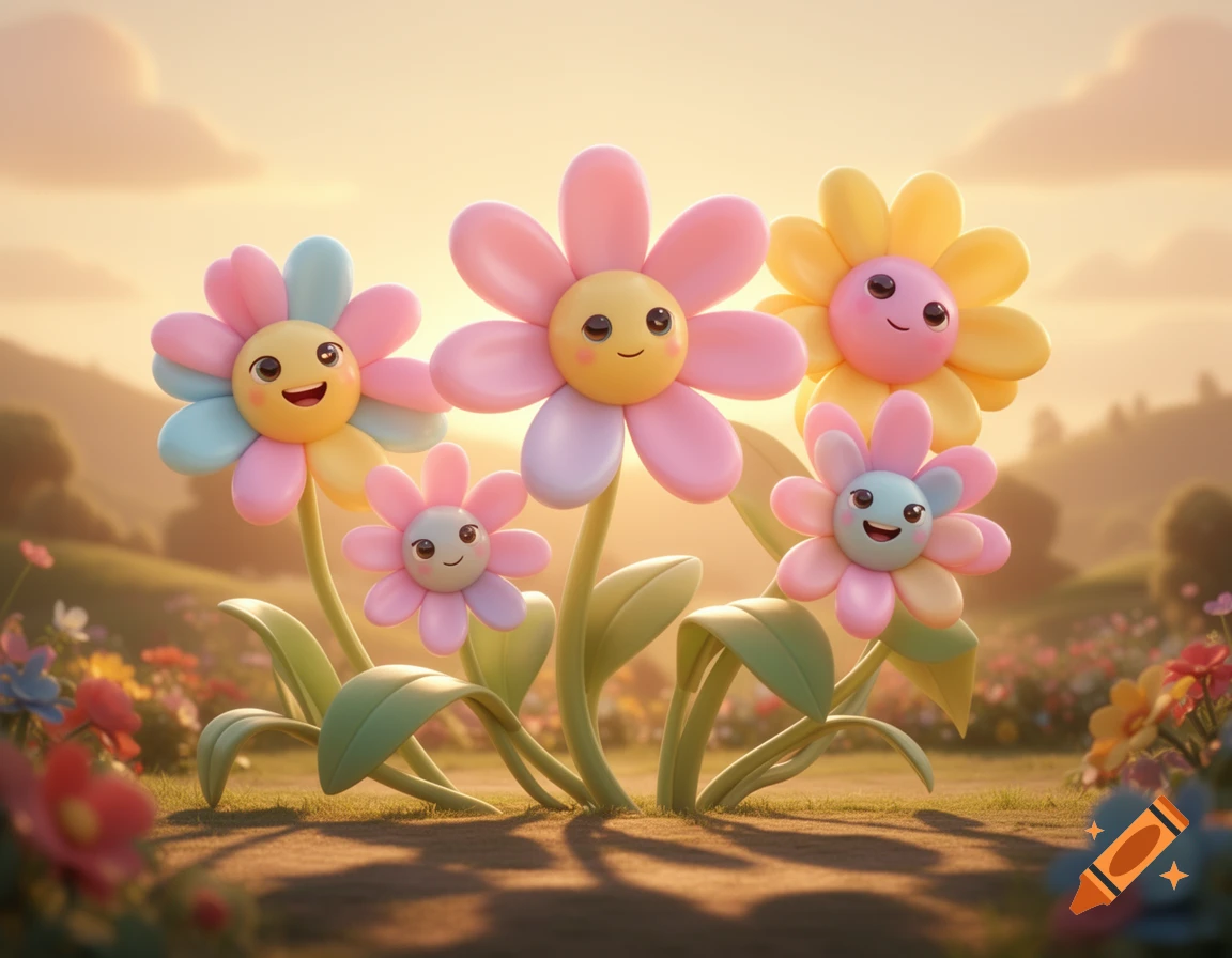 Smiling 3D cartoon flowers with pastel petals in a sunlit field, with hills in the background.