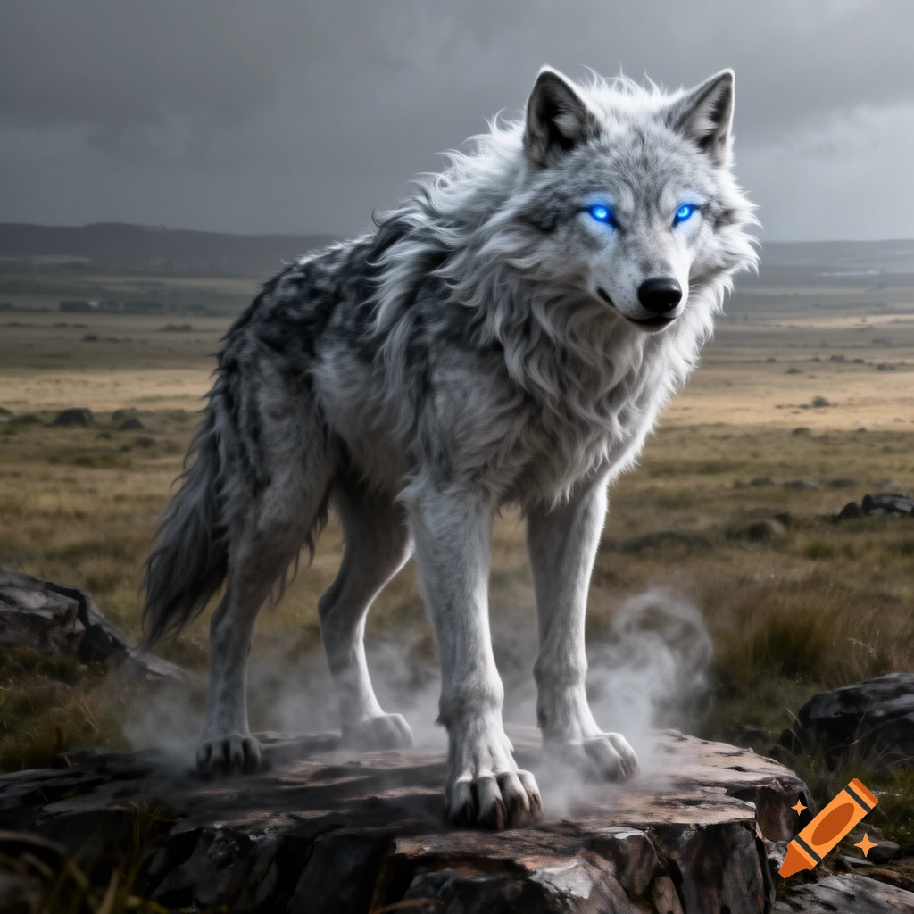 A majestic white and grey wolf with piercing blue glowing eyes stands on a rock in a desolate, grassy landscape under a stormy sky.
