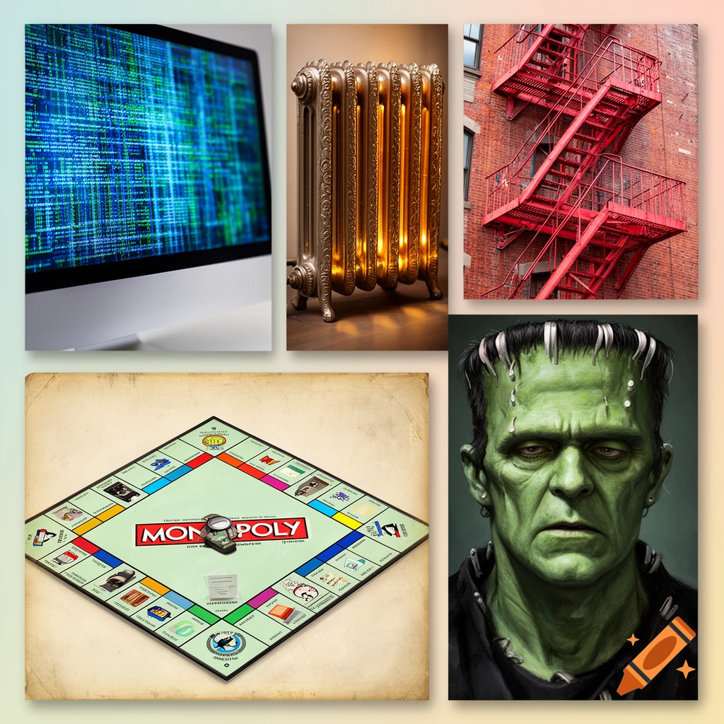 A collage featuring a computer screen, a golden radiator, a red fire escape, a Monopoly board, and a close-up portrait of Frankenstein.