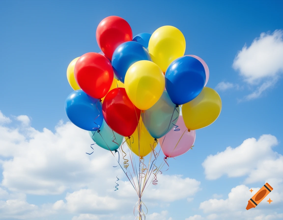 A vibrant cluster of red, blue, and yellow balloons floating against a bright blue sky with scattered white clouds.