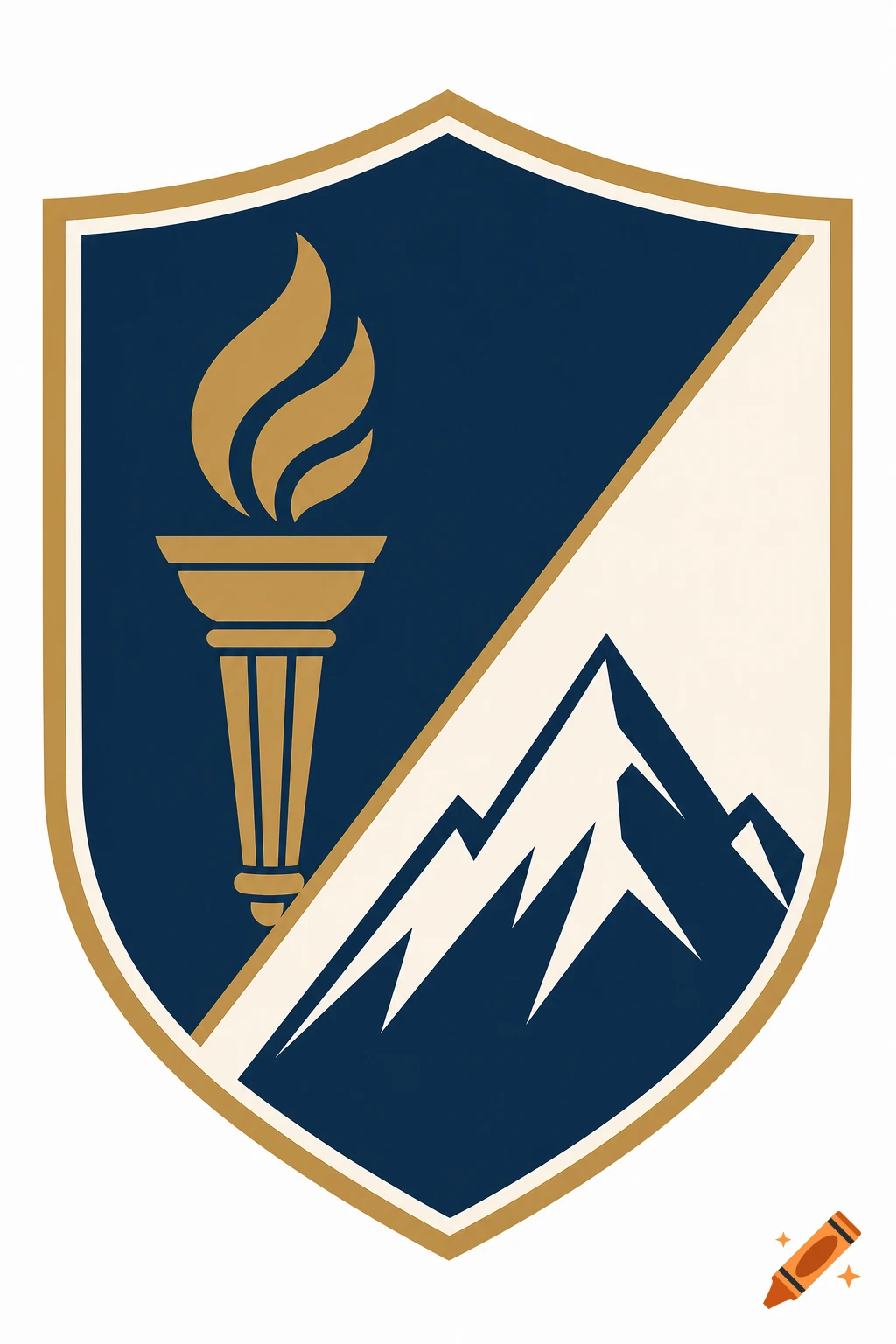 A sharp, minimalist shield crest logo with a gold torch on a navy background and white mountain peaks on a cream background, bordered in gold.