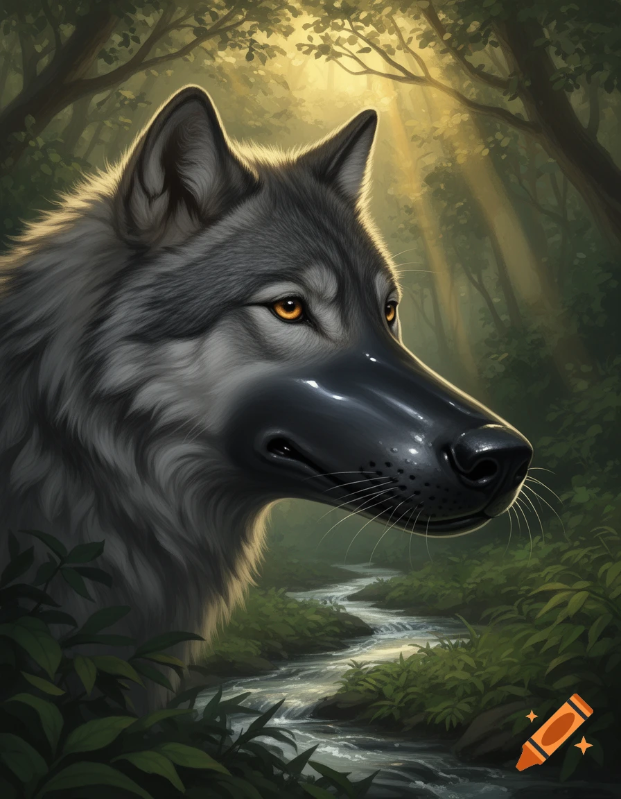 Drawing of a gray wolf with a shiny black leopard seal snout in a sun-dappled forest with a stream.