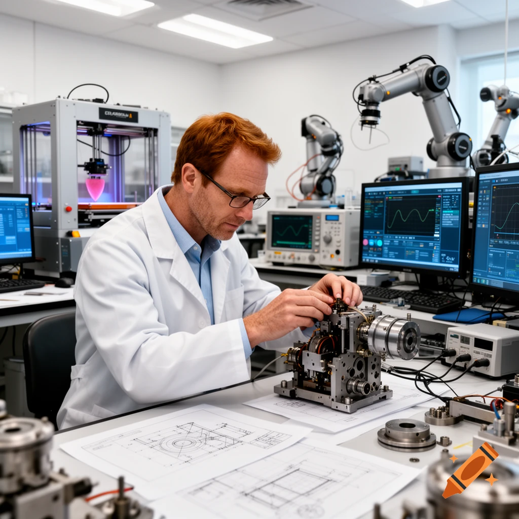 A male researcher with red hair and glasses in a white lab coat works on complex mechanical parts at a desk in a modern laboratory, surrounded by computers and robotic arms.