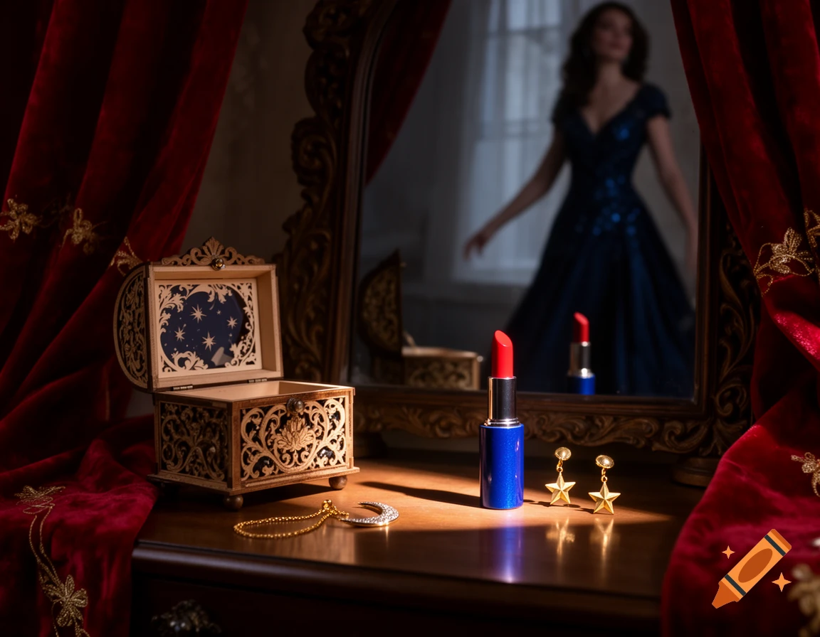 Moonlit dressing table with an open ornate music box, gold jewelry, red lipstick, and red velvet curtains. Woman in blue dress reflects in mirror.