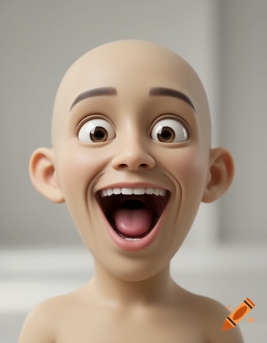 A bald, light-skinned 3D cartoon character with wide eyes and an exaggerated open-mouthed smile, looking joyful.