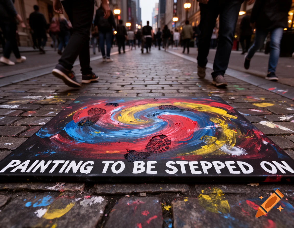 A black canvas with colorful abstract paint and footprints, reading 'PAINTING TO BE STEPPED ON', lies on a cobblestone street with people walking.