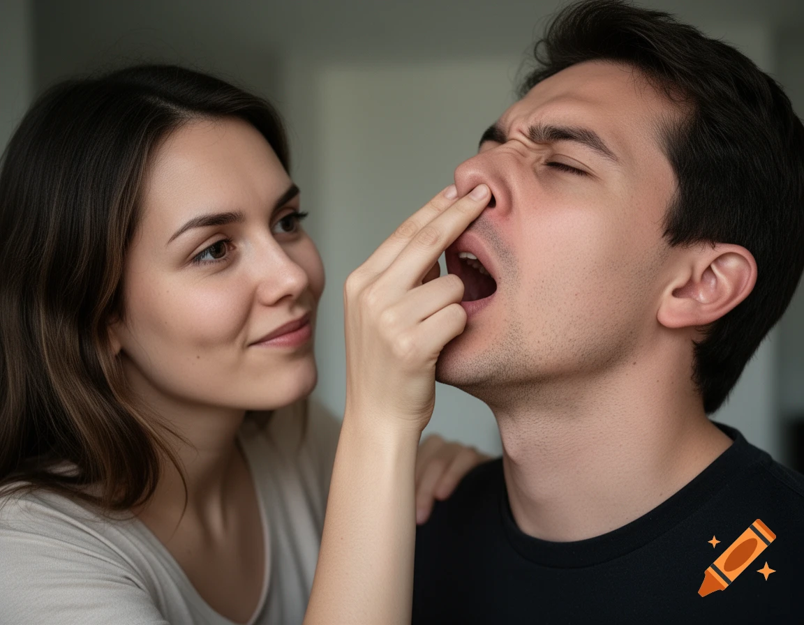A woman playfully pokes a man's nose, who grimaces in response, photorealistic.