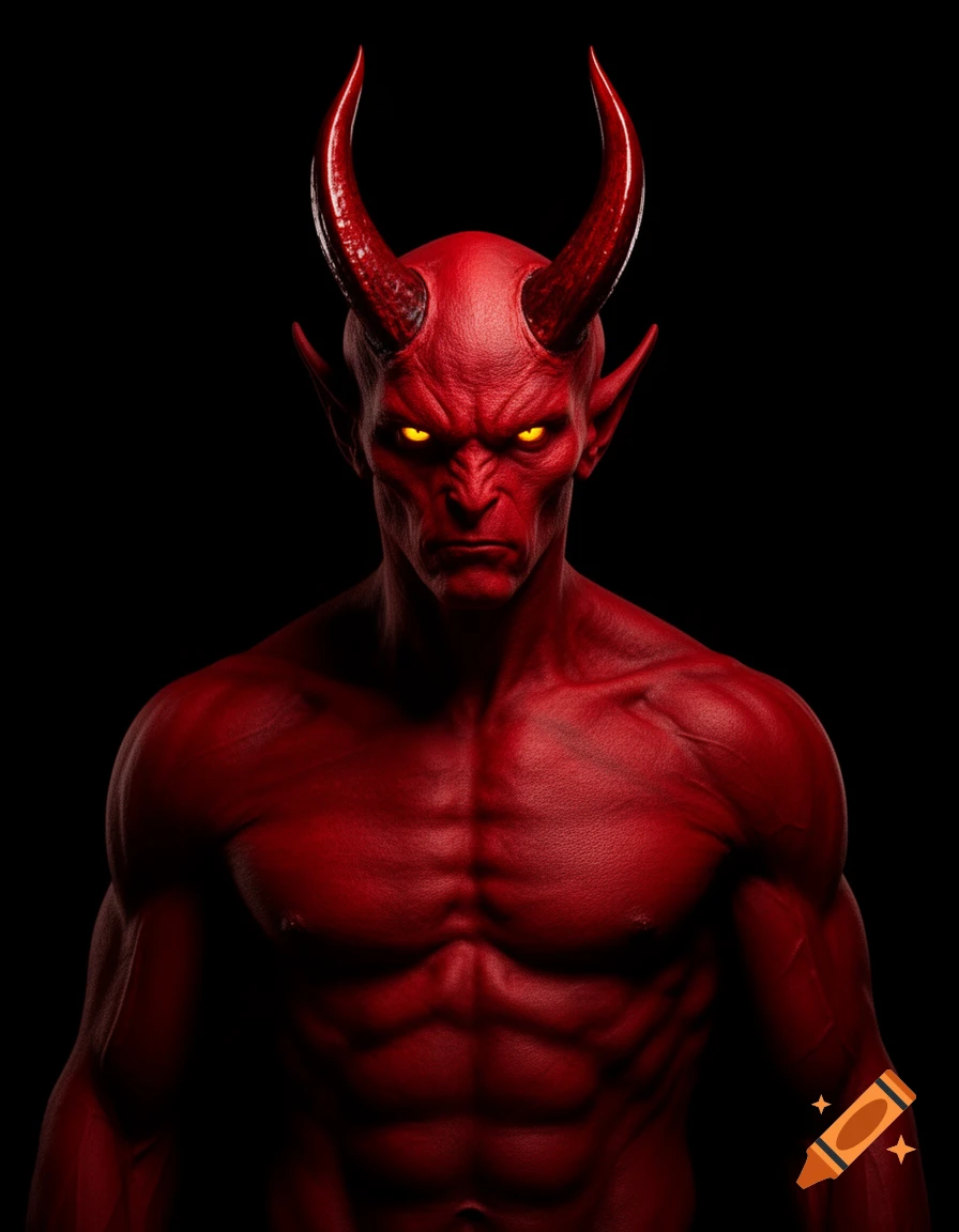 A close-up, photorealistic portrait of a muscular red devil with glowing yellow eyes and large horns against a black background.