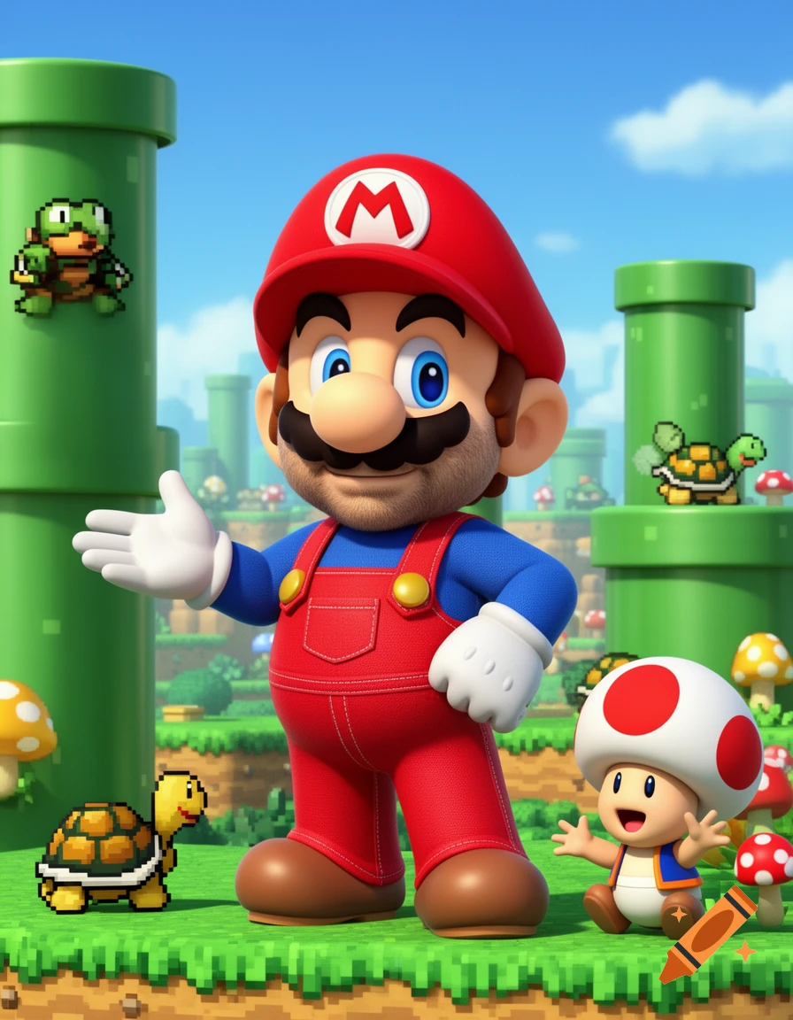 Super Mario with a beard and a red cap stands in a vibrant Super Mario Bros. landscape next to Toad and pixelated Koopas.