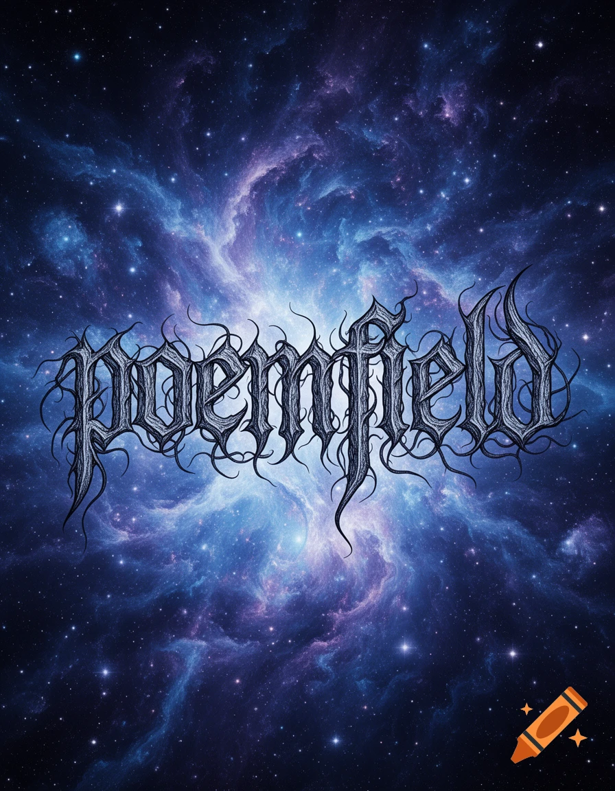 A stylized, thorny metallic "poemfield" logo set against a vibrant blue and purple nebula background.