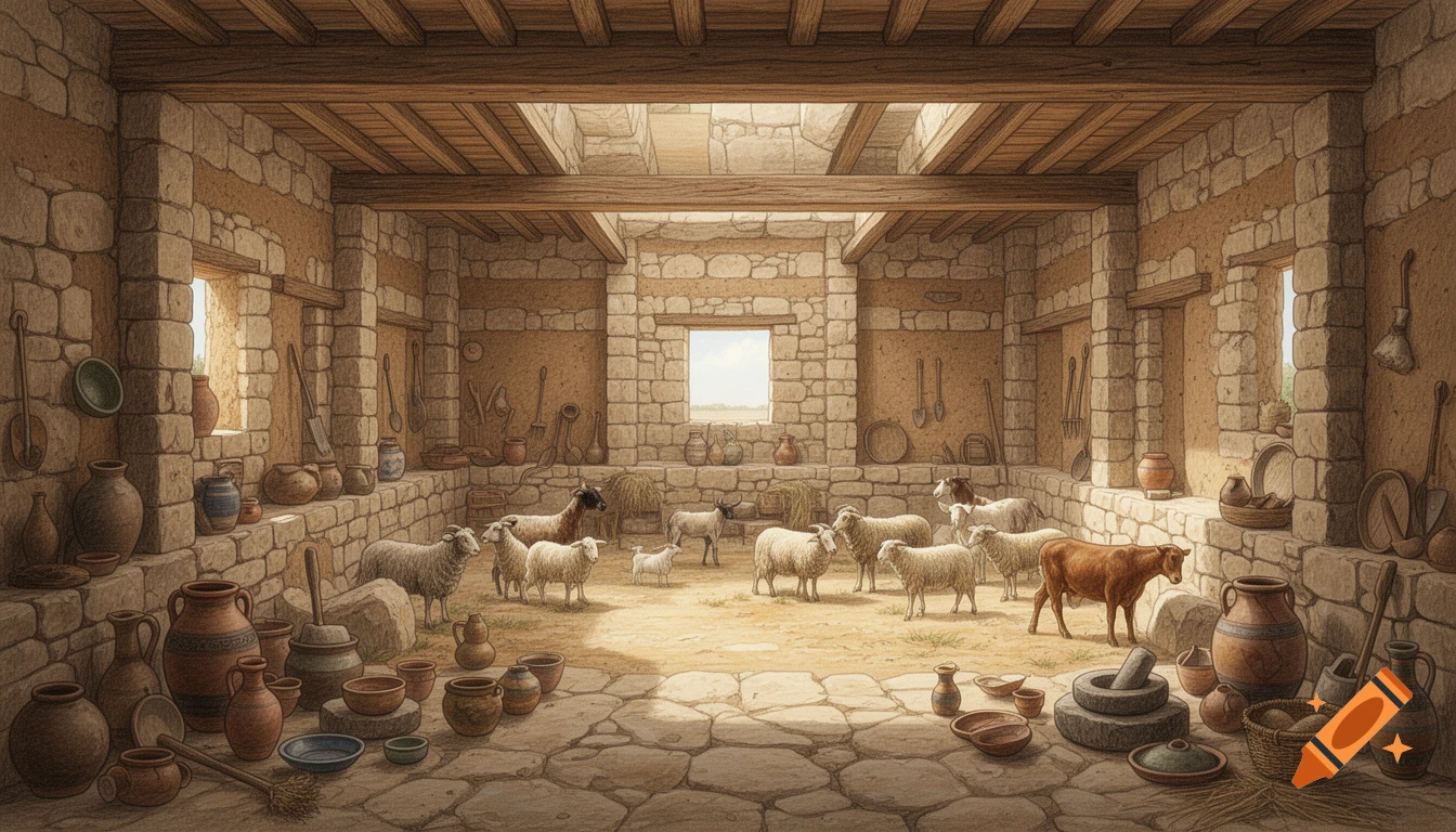Detailed illustration of an Iron Age house with stone walls, wooden beams, pottery, and a courtyard with sheep, goats, and a cow.