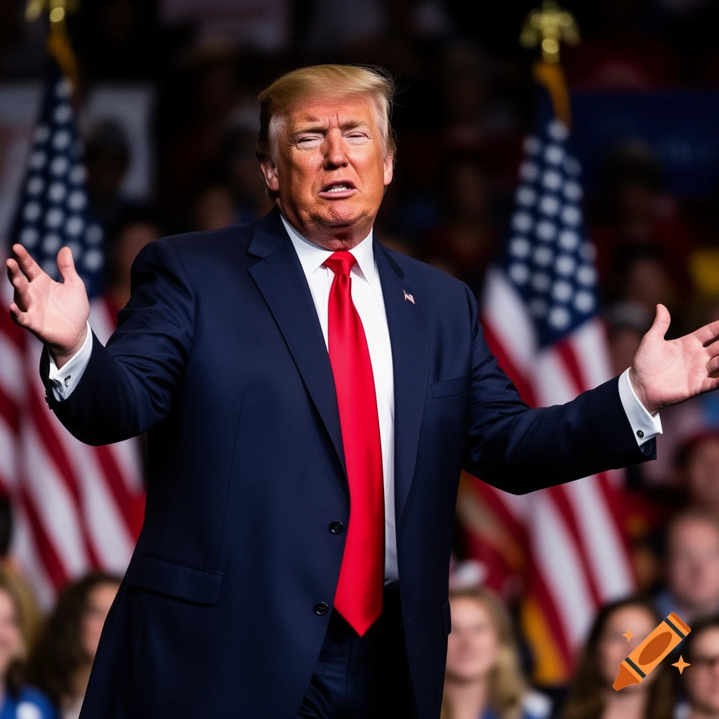 Donald Trump, with an expressive face and raised hands, speaks at a rally with blurred American flags and a crowd behind him. Photorealistic.