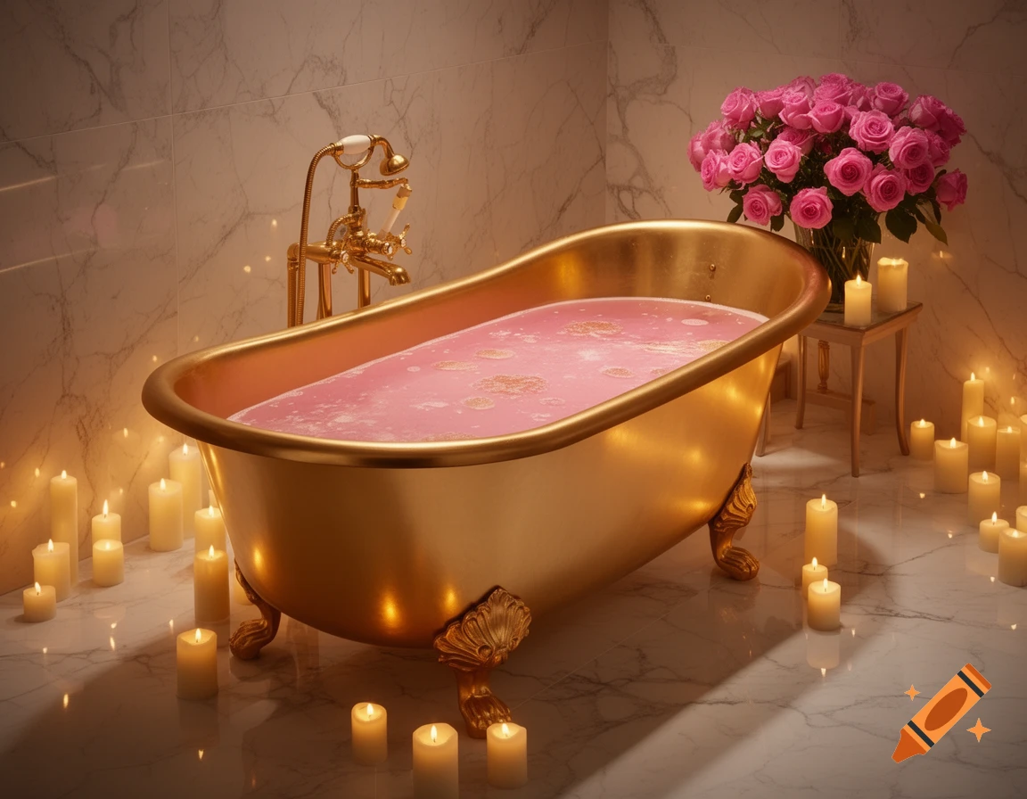 A luxurious golden clawfoot bathtub filled with pink water, surrounded by lit candles and a large bouquet of pink roses in a marble bathroom.