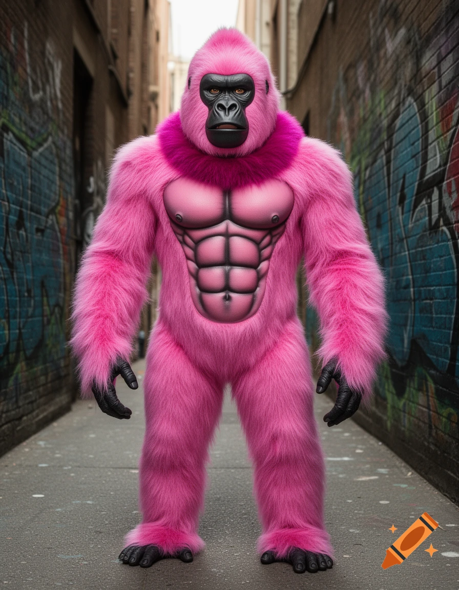 A person in a bright pink fluffy gorilla costume with a sculpted muscle chest stands in a graffiti-covered alleyway.
