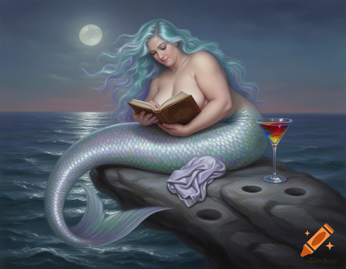 An oil painting of a mermaid with long, wavy blue and purple hair, bare-chested, sitting on a rock by the ocean at night, reading a book. A cocktail sits beside her, with a full moon in the sky.
