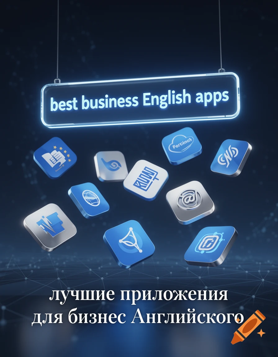A glowing sign reads "best business English apps" above various stylized app icons and Russian text below.