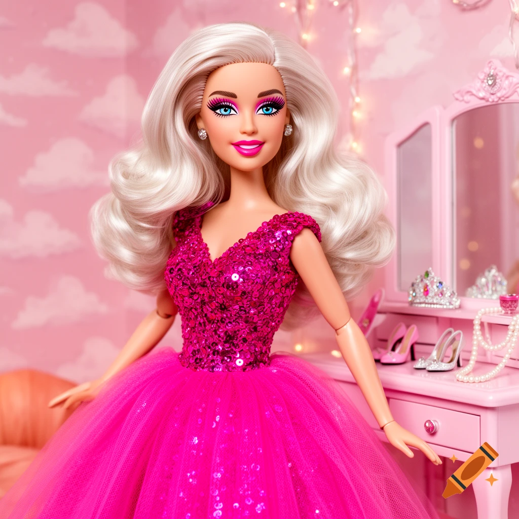 A Barbie doll with long platinum blonde hair, wearing a sparkly pink sequin and tulle gown, stands in a pink room with a vanity.