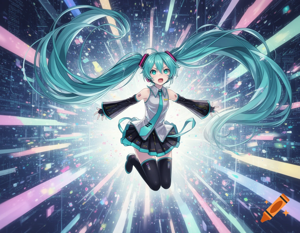 Hatsune Miku with long teal twin-tails jumps with arms outstretched against a background of vibrant digital light trails and code-like patterns.