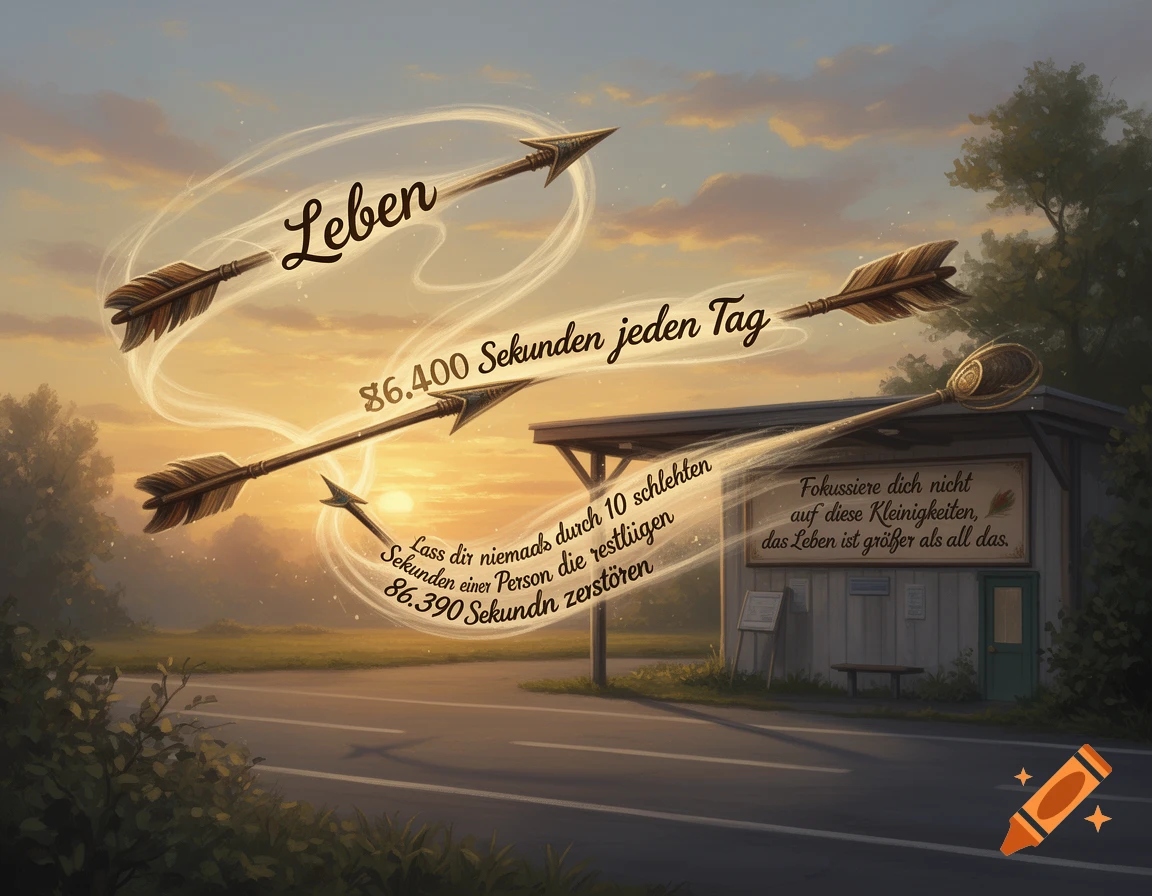A scenic road at sunset with three arrows flying through the sky, each with German inspirational text, and a bus stop with a sign on the right.