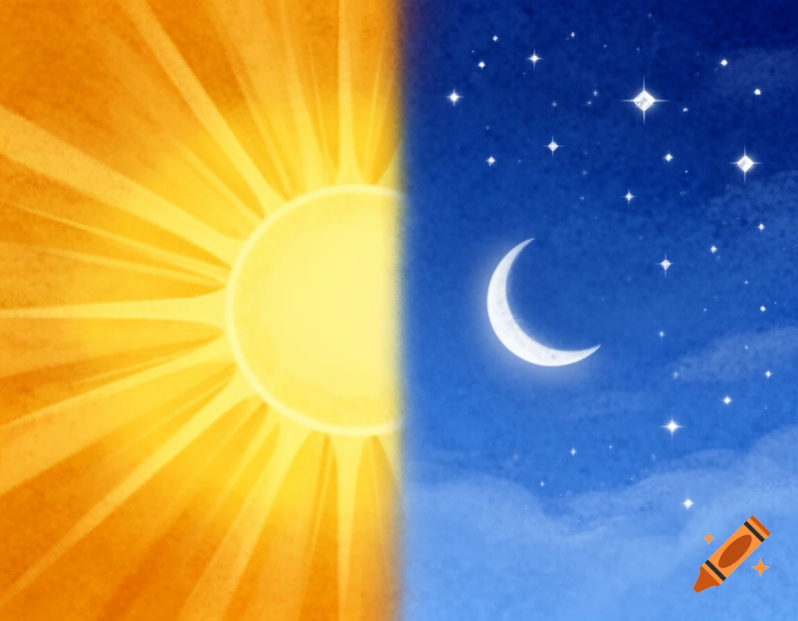 Stylized illustration split: yellow sun with rays on orange day sky, white crescent moon with stars on blue night sky.