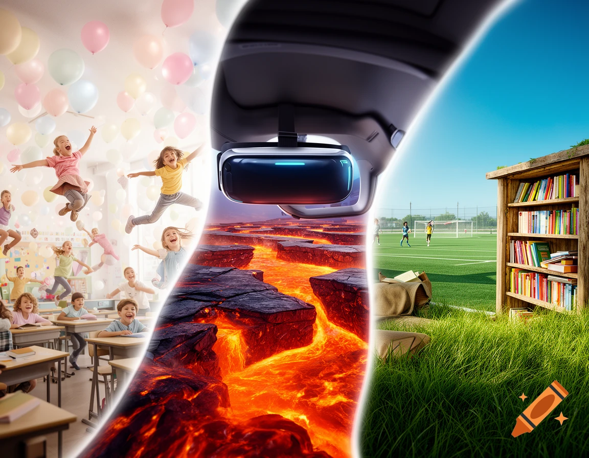 A three-part image showing children jumping in a classroom, a VR headset view of lava, and an outdoor bookshelf on a soccer field.