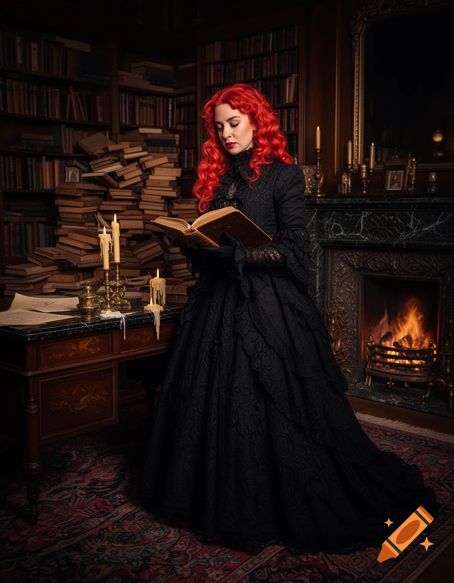 Red-haired woman in a black Victorian gown reads a book in a dimly lit, cluttered study with a fireplace.