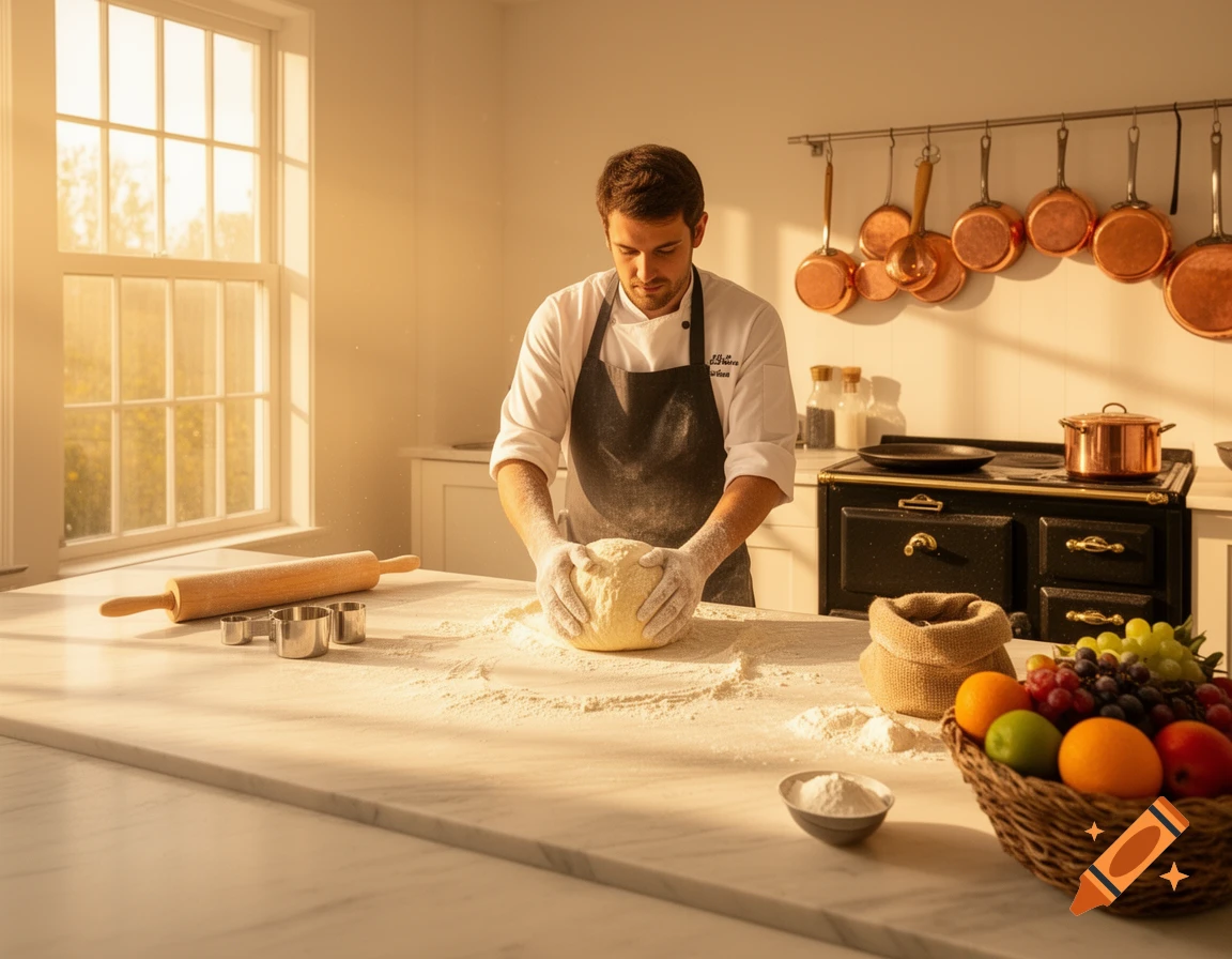 A man in a chef's apron kneads dough on a floured counter in a sunlit kitchen, with fruit, a rolling pin, and copper pots.