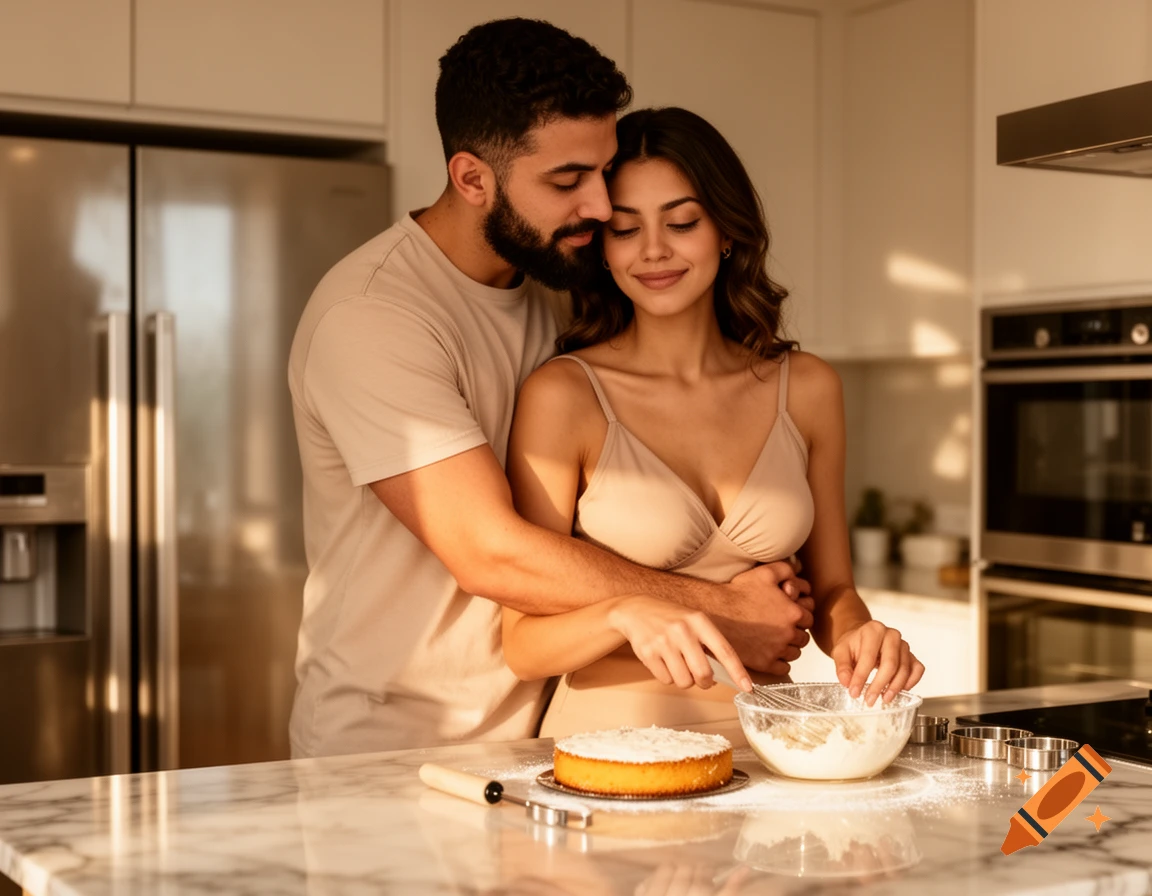 A photorealistic image of a romantic couple in a modern kitchen. The man hugs the woman from behind as she bakes a cake.