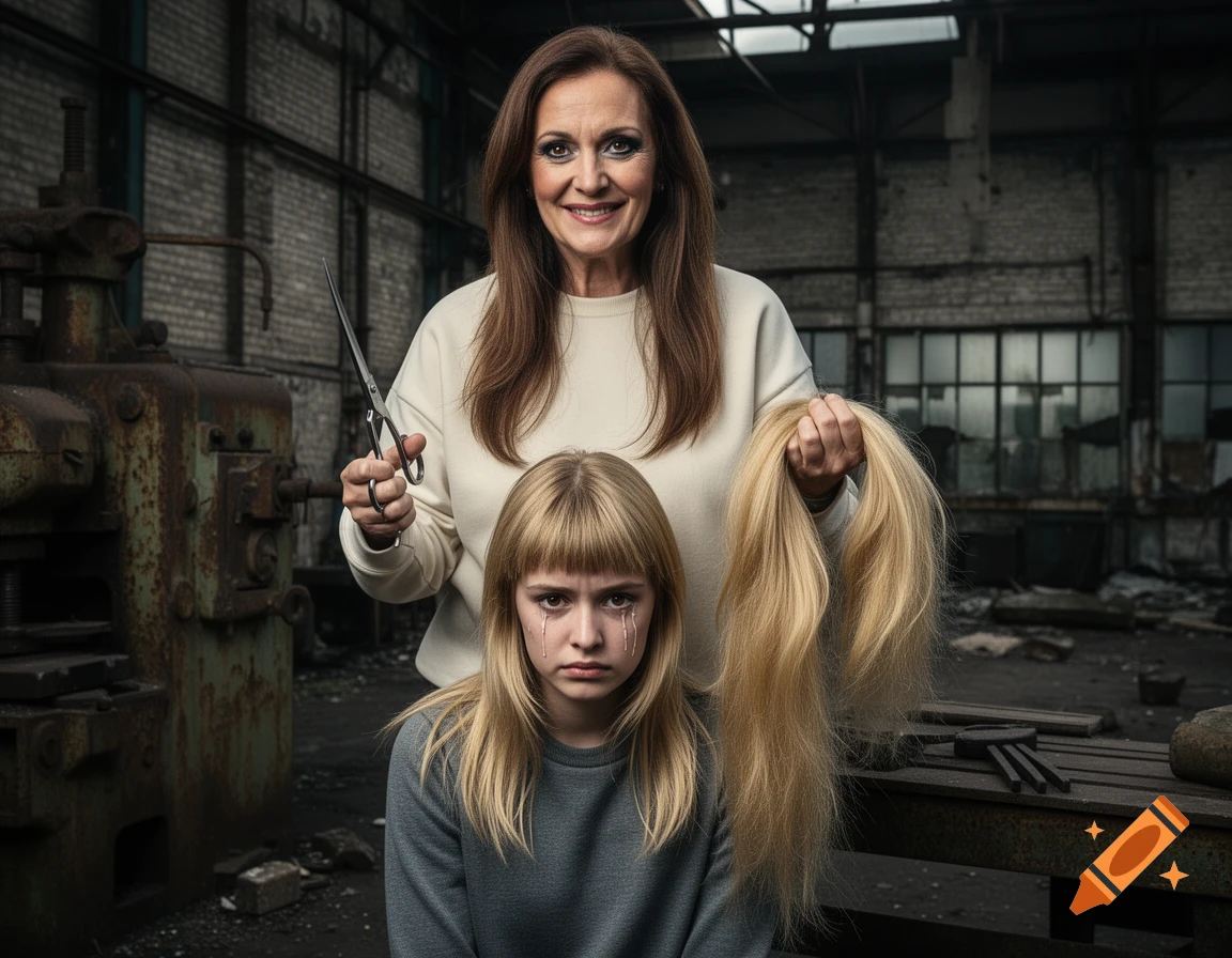 A smiling older woman with scissors and a bundle of blonde hair stands behind a crying younger woman with short, uneven blonde hair in a dilapidated factory.