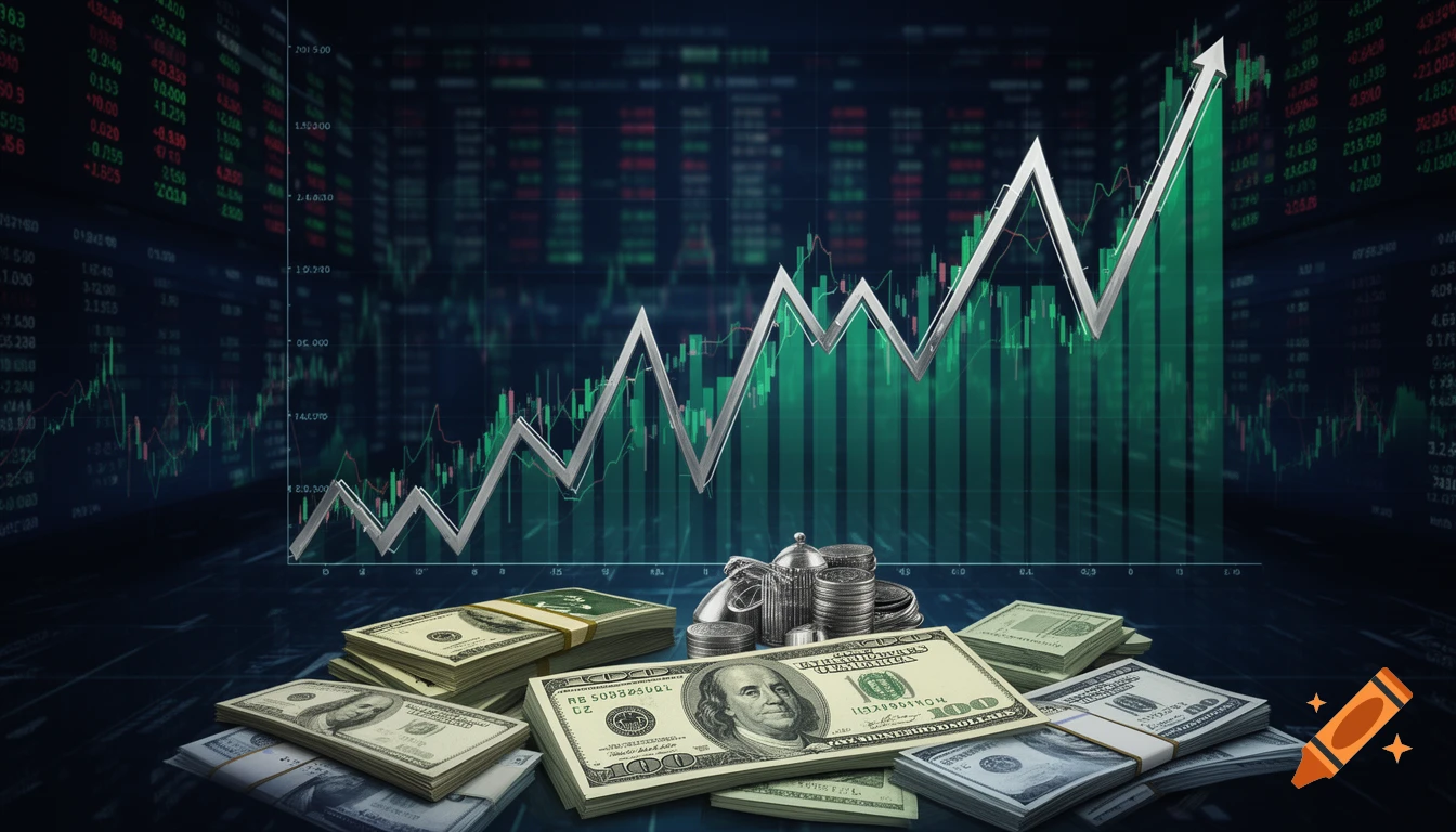 Stacks of US dollar bills and silver coins in front of a digital stock market display with a prominent silver and green upward trending graph.