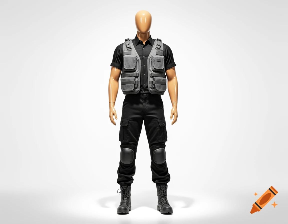 A tan, faceless mannequin in a black shirt, gray tactical vest, black cargo pants with kneepads, and black boots against a white background.