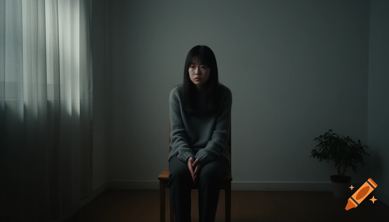 A sad teenage girl sits alone on a chair in a dimly lit, minimalist room, in a realistic cinematic style.