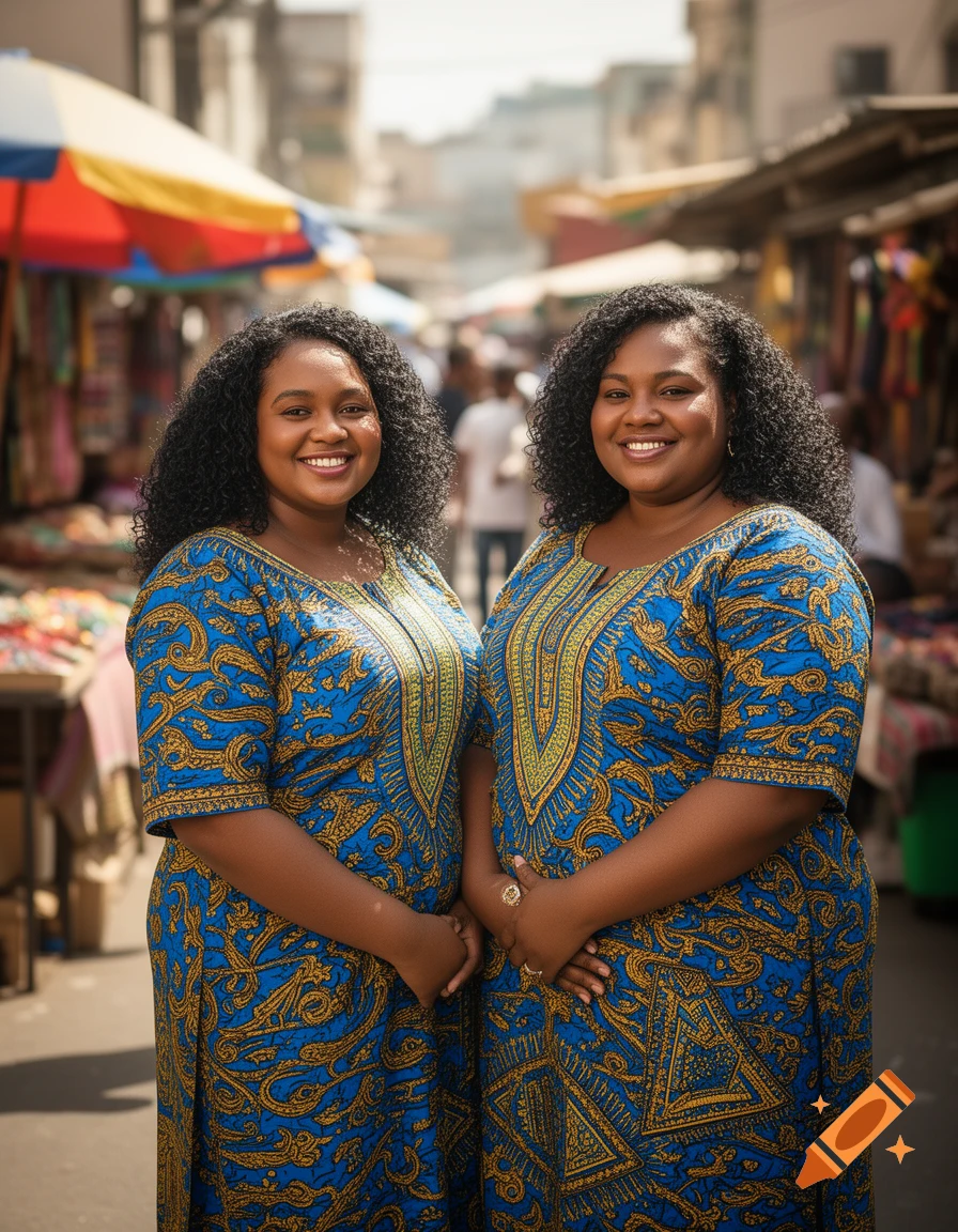 Two smiling women in blue and gold patterned dresses stand in a vibrant outdoor market.