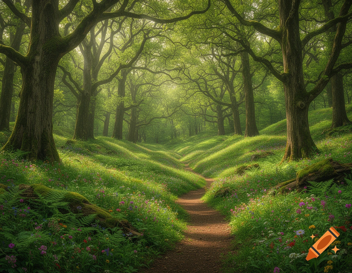 Sunlit forest path winding through vibrant green trees, mossy hills, and wildflowers.