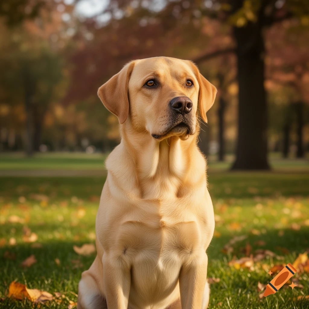 A photorealistic golden retriever sits in a sunlit park with autumn leaves scattered on the grass.