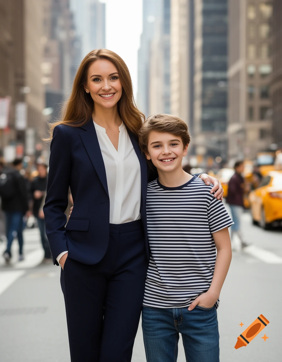 A smiling woman in a navy suit with her arm around a smiling boy in a striped shirt, standing on a busy city street.
