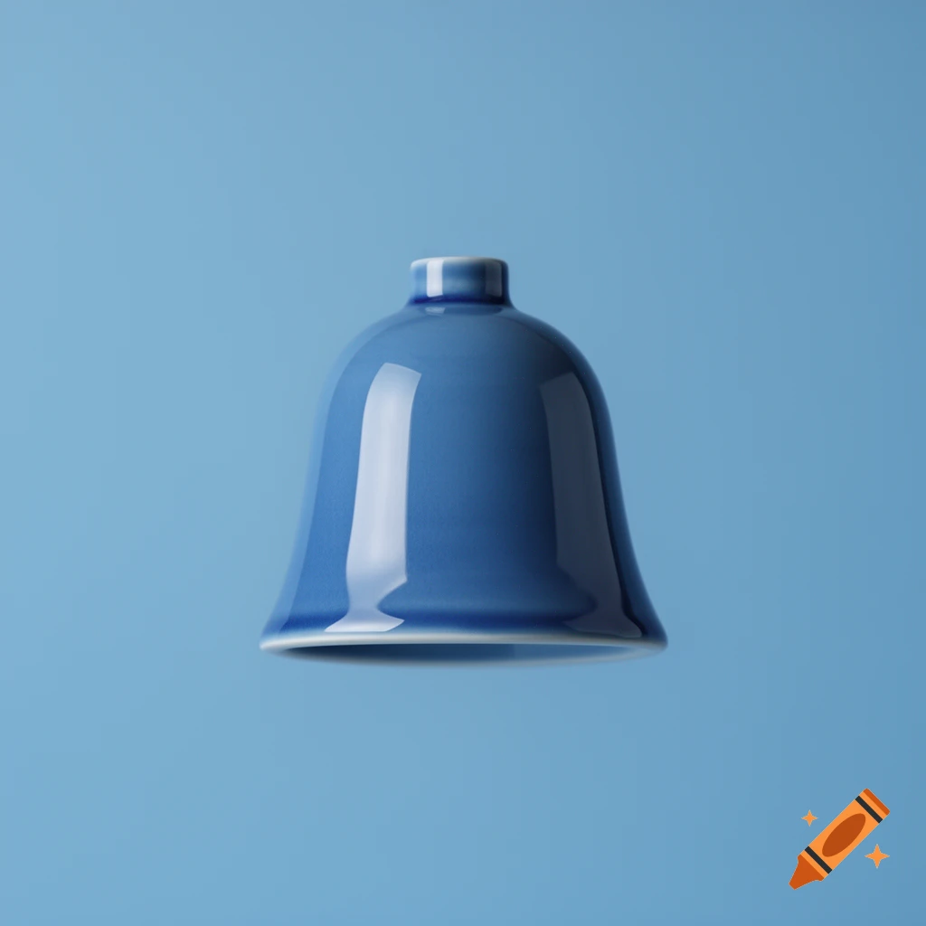 A shiny blue ceramic bell-shaped object with white rim, centered on a light blue background.