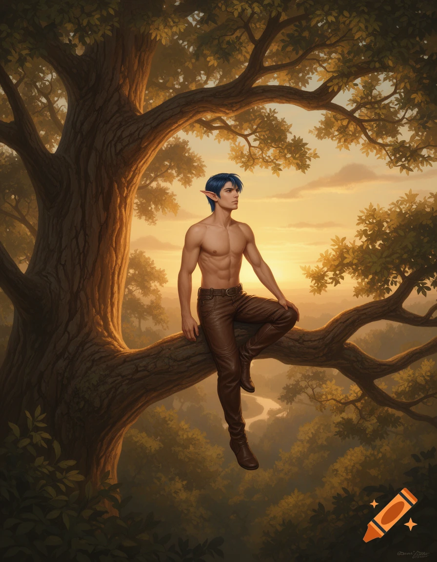 Fantasy realism illustration of a shirtless elf man with blue hair and pointed ears, perched on a large tree branch in a forest at sunset.