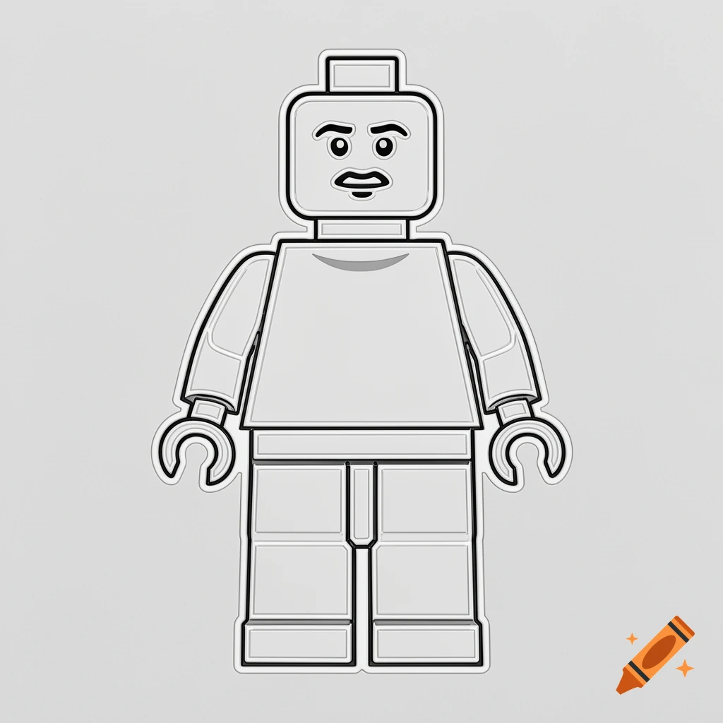 A grayscale outline illustration of a Lego minifigure with a mustache, designed as a stencil with connector hands.
