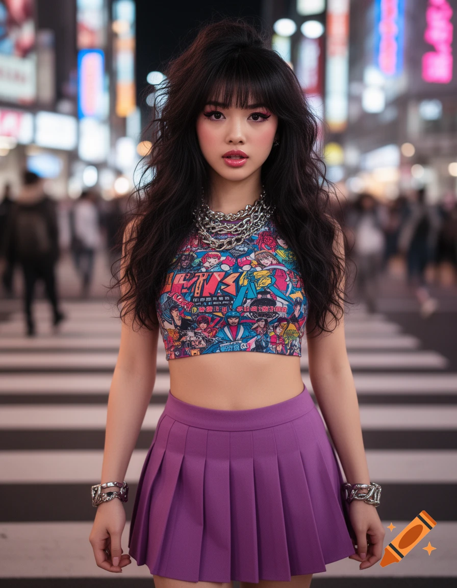 Photorealistic portrait of a woman with long dark hair, wearing a colorful crop top and purple pleated skirt, standing on a city crosswalk at night with neon lights.