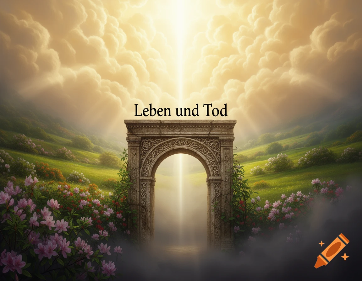 A fantasy landscape with an archway leading to a bright light, golden clouds, and green hills with pink flowers. Text reads 'Leben und Tod'.