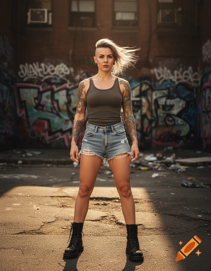 A woman with an undercut, tattoos, tank top, shorts, and combat boots stands in a sunlit graffiti-covered alley.