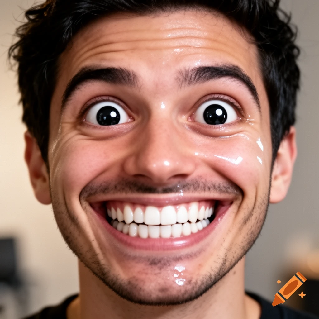 Close-up of a man with dark hair, wide dilated eyes, and an impossibly huge toothy smile, with a wet, shiny face.